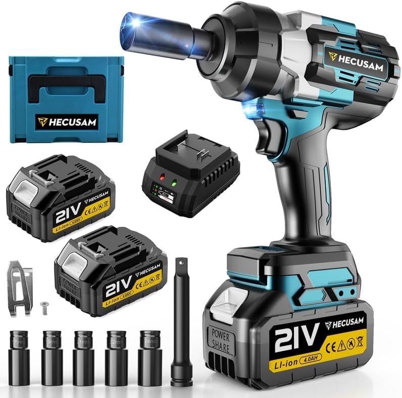 HECUSAM Akku-Schlagschrauber 1500 Nm, 1/2" Bürstenloser Motor, 2x 4000 mAh Akkus, Schnellladegerät, 5 Stecknüsse, inkl. Transportkoffer – Für Haus & Auto