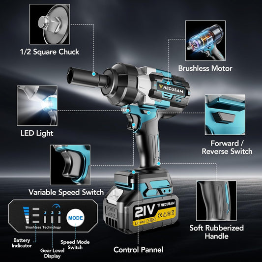 HECUSAM Akku-Schlagschrauber 1500 Nm, 1/2" Bürstenloser Motor, 2x 4000 mAh Akkus, Schnellladegerät, 5 Stecknüsse, inkl. Transportkoffer – Für Haus & Auto