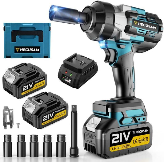 HECUSAM Akku-Schlagschrauber 1500 Nm, 1/2" Bürstenloser Motor, 2x 4000 mAh Akkus, Schnellladegerät, 5 Stecknüsse, inkl. Transportkoffer – Für Haus & Auto